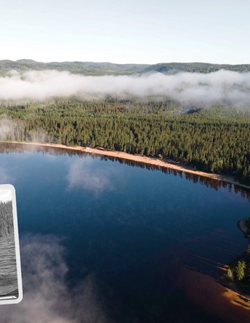 Paysage d'une pourvoirie avec la photo d'un homme à la pêche